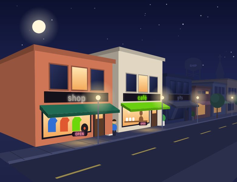 An illustrated Main Street at night with the shop and café lit up